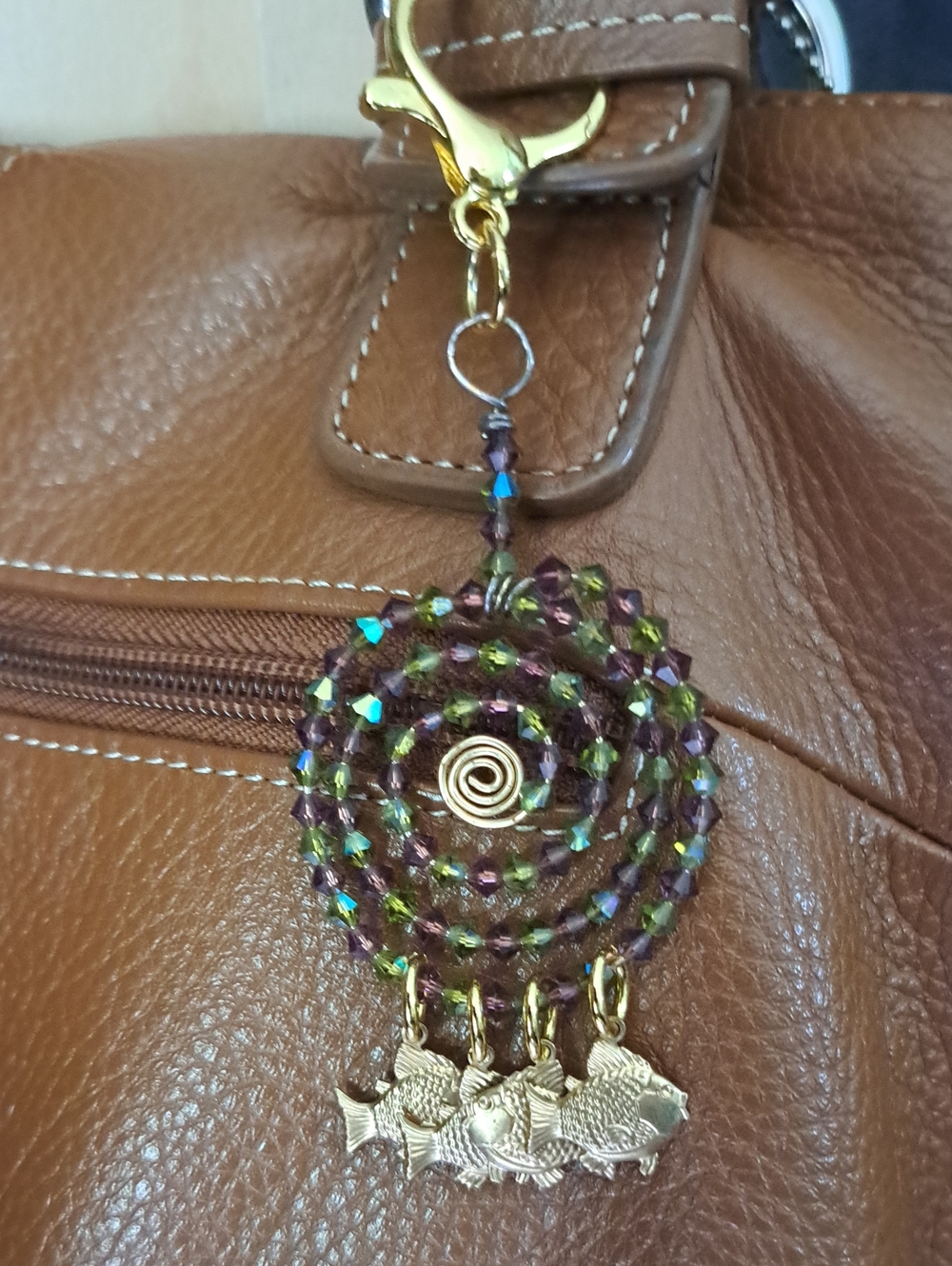 Hand Crafted Green & Purple Crystal Spiral Bag Purse Jewelry W/Gold Fish Accents
